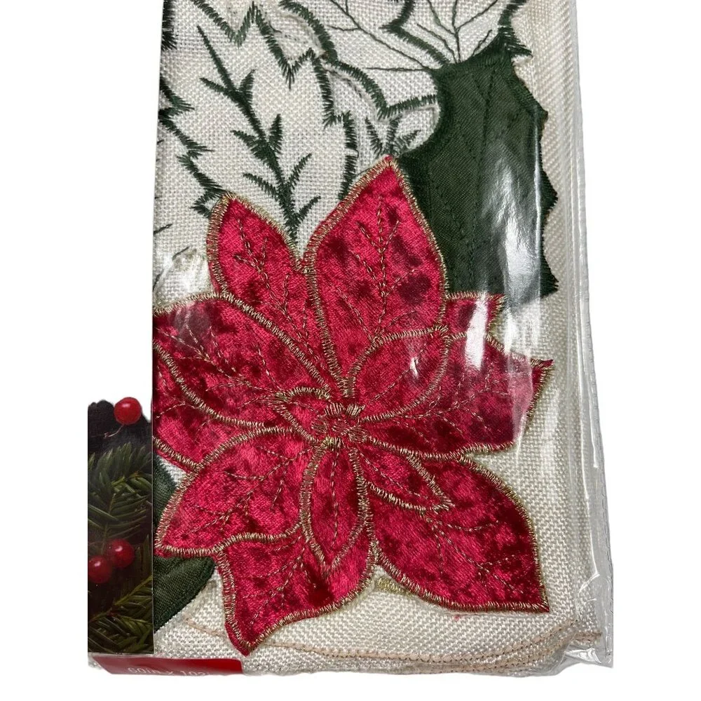 Holiday Christmas Elrene Poinsettia Cut Work Fabric Tablecloth 60